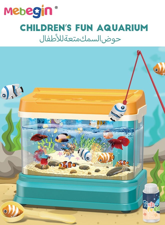 Aquarium Fishing Toy with Water Circulation System, Light and Music, Fish Tank Building Set with 1 Bottle of Fish Feed, 2 Two Moving Fish, 2 Fishing Poles and Other Accessaries, Fun to Play with Friends and Family