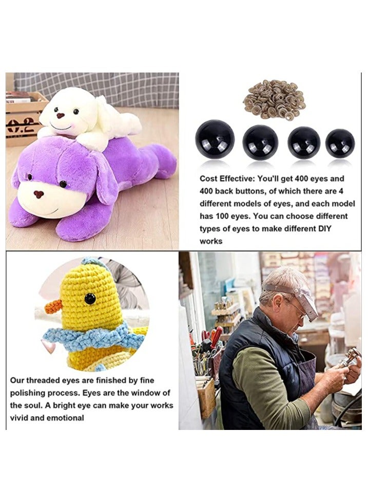 500 Pieces Plastic Eyes Black Crafts Safety Eyes Stuffed Toys Snap Animal Scrapbooking Puppet Dolls DIY Accessories with Washers for Crochet Animal Crafts Doll Making Bulk 4 Sizes
