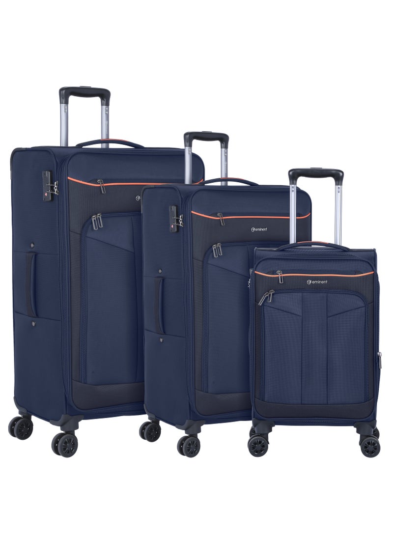 Unisex Soft Travel Bag Trolley Luggage Set of 3 Polyester Lightweight Expandable 4 Double Spinner Wheeled Suitcase with 3 Digit TSA lock E788 Navy Blue