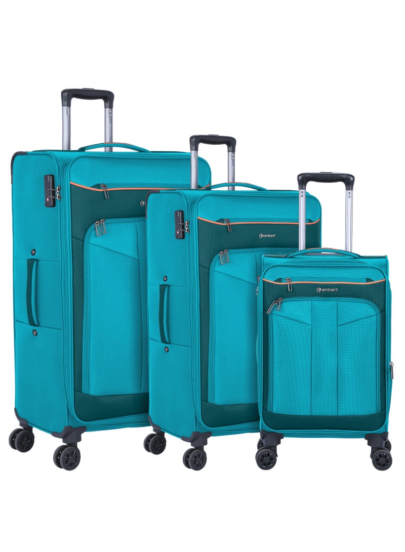 Unisex Soft Travel Bag Trolley Luggage Set of 3 Polyester Lightweight Expandable 4 Double Spinner Wheeled Suitcase with 3 Digit TSA lock E788 Green