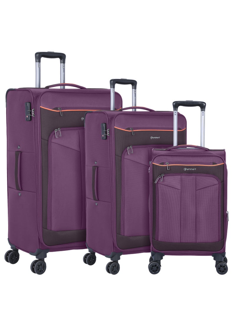 Unisex Soft Travel Bag Trolley Luggage Set of 3 Polyester Lightweight Expandable 4 Double Spinner Wheeled Suitcase with 3 Digit TSA lock E788 Purple