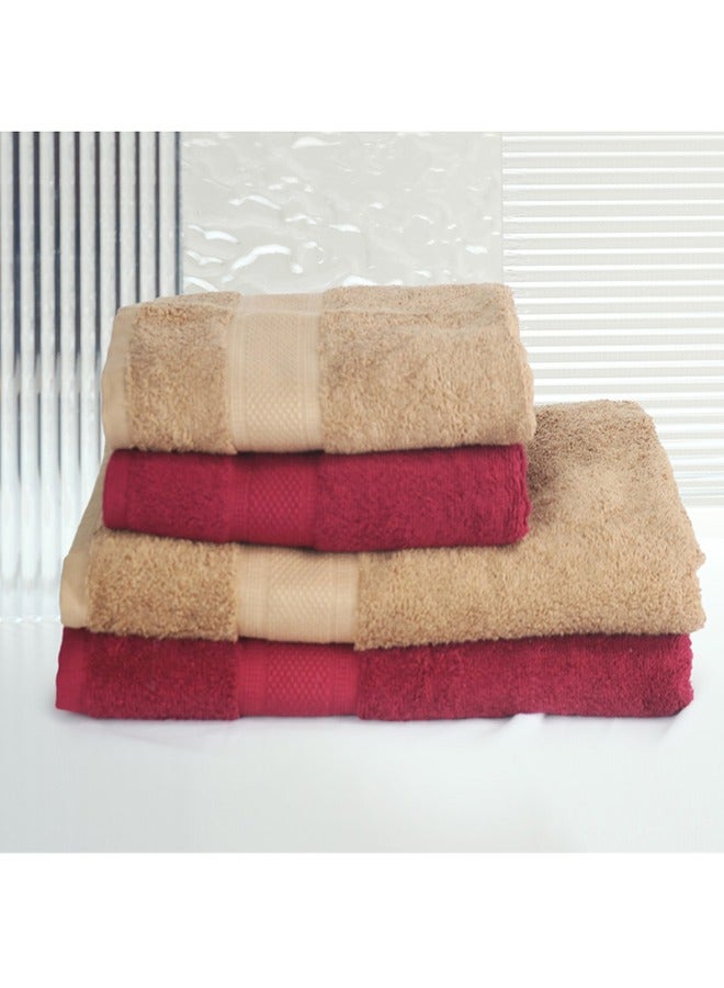 4 Piece Bathroom Towel Set NEW GENERATION 450 GSM 100% Cotton Terry 2 Bath Towel 70X140 cm & 2 Hand Towel 50x90 cm Red & Brown Color Soft Feel Super Absorbent