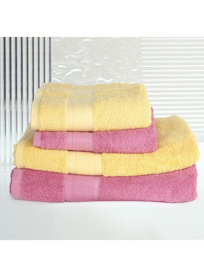 4 Piece Bathroom Towel Set NEW GENERATION 450 GSM 100% Cotton Terry 2 Bath Towel 70X140 cm & 2 Hand Towel 50x90 cm Pink & Yellow Color Soft Feel Super Absorbent