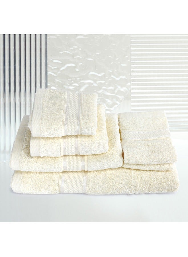 6 Pcs ALEZAYA Dyed Towel set 500 GSM 100% Cotton Terry Viscose Border 1 Bath Towel 70x140 cm 1 Hand Towel 50x90 cm 1 Guest Towel 40x60 cm & 1 Baby Towel 30x50 cm & 2 Face Towel 33x33 cm Cream Color