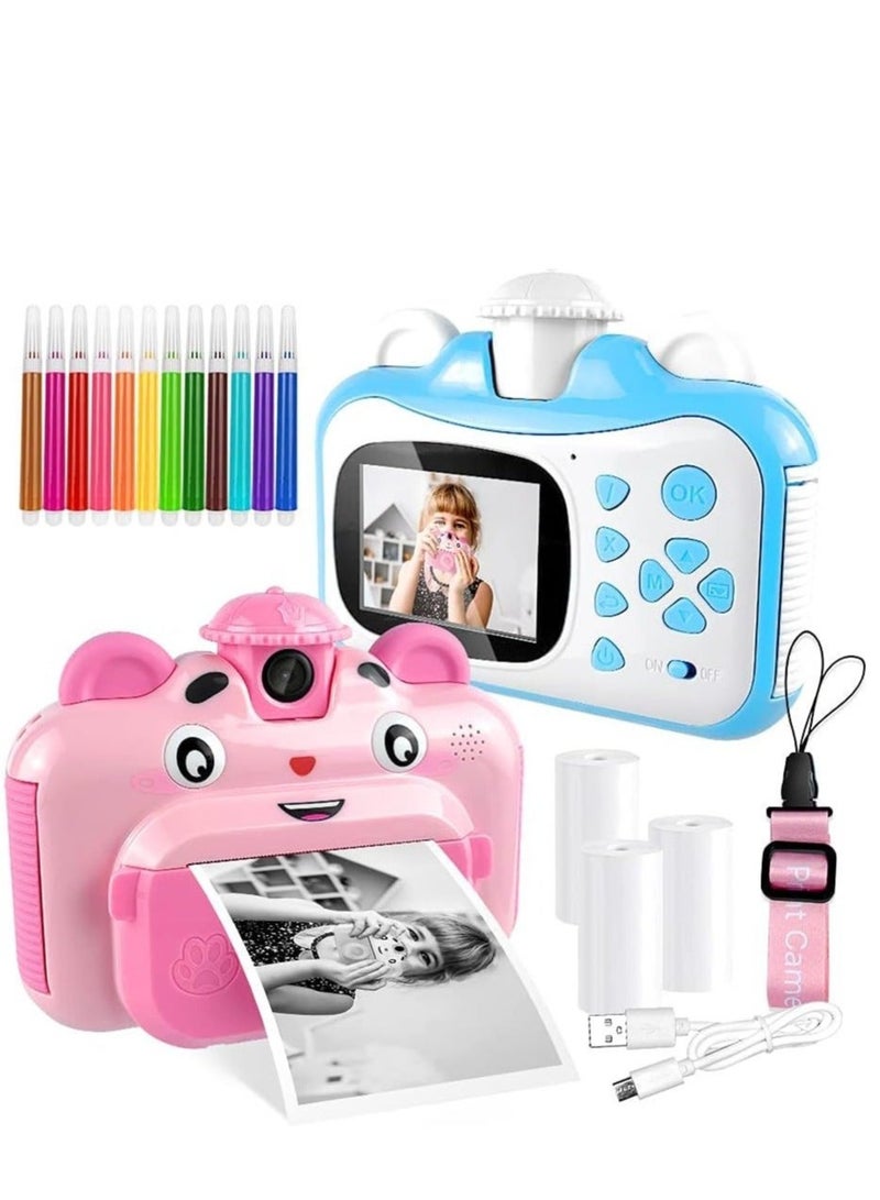 Instant Print Digital Kids Camera, Selfie 1080P Video Camera for Kid with 180° Rotating Len,32GB TF Card, Print Paper, Color Pens Set, Rechargeable Toy Camera