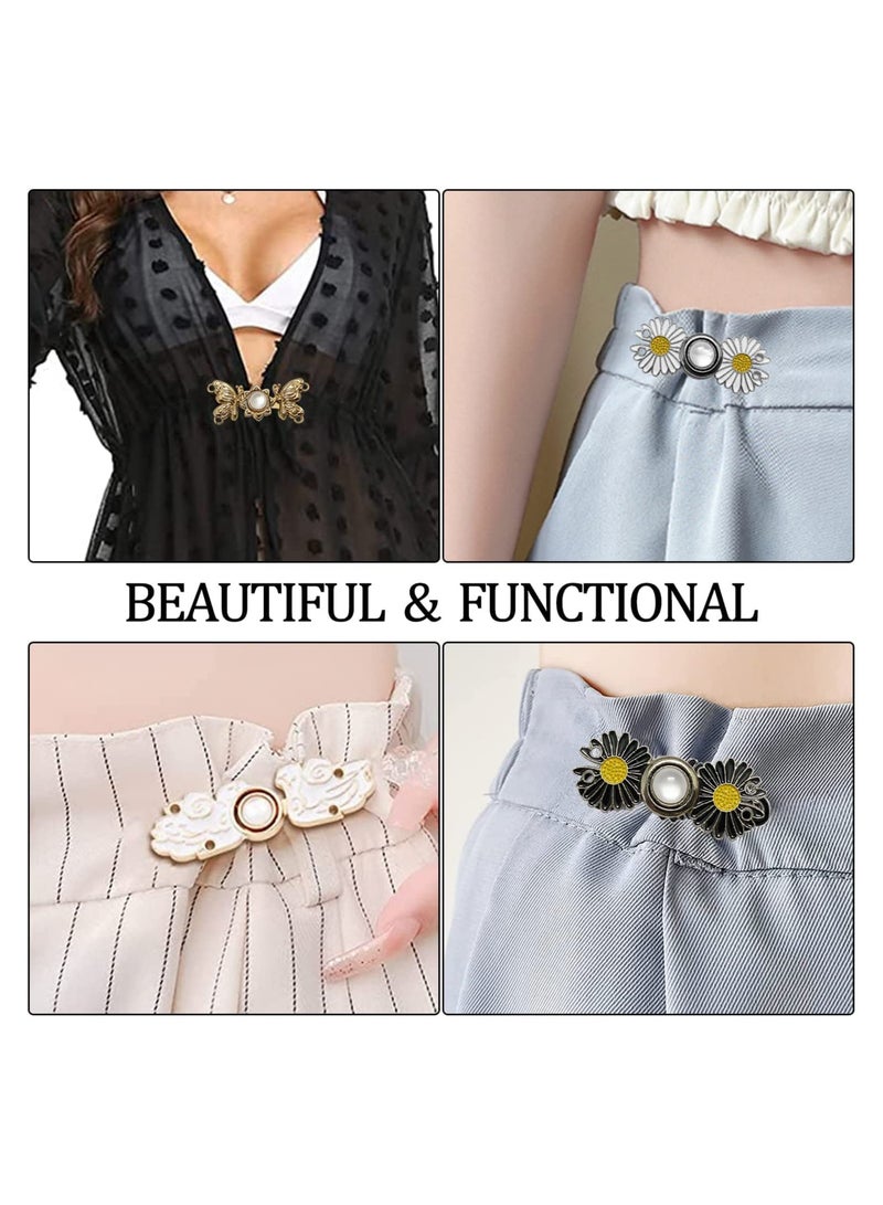 6PCS Buttons for Jeans Dress Loose Big DIY Pants Clips for Waist Smaller Tightener DIY Sewing Adjustable Waist Buckle Fashion Pearl Flower Adjuster Fastener Clasp Pins for Girls Women