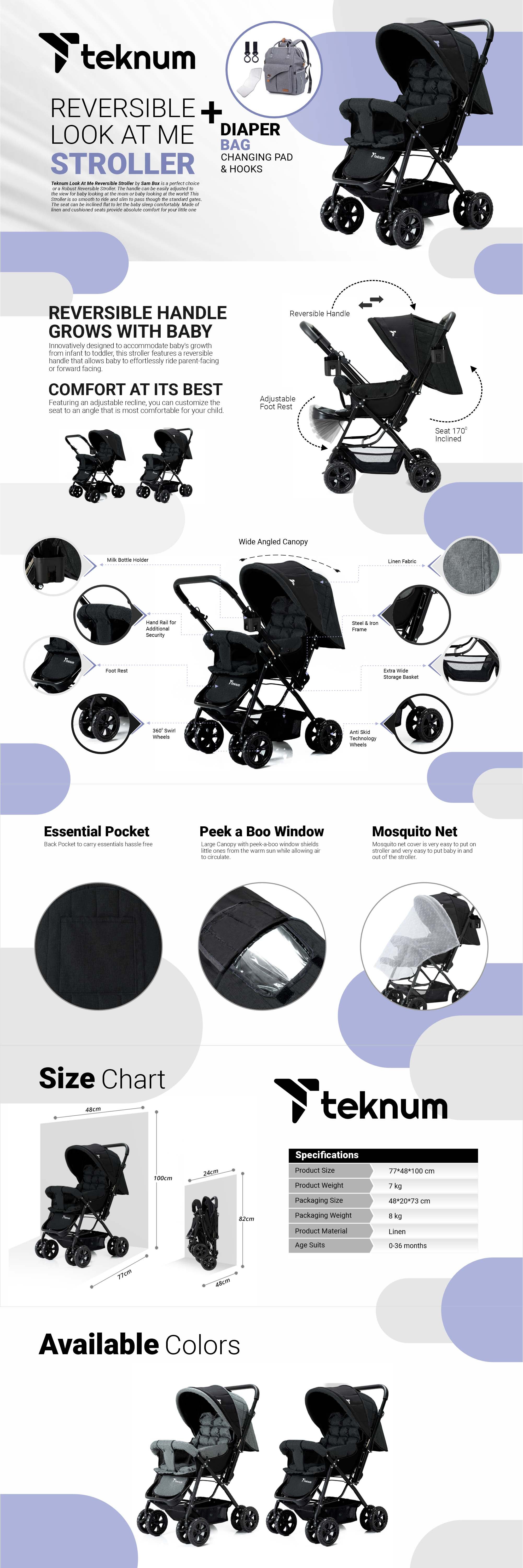 Reversible Look At Me Stroller With T Diaper Bag And Hooks And Changing Pad - Black