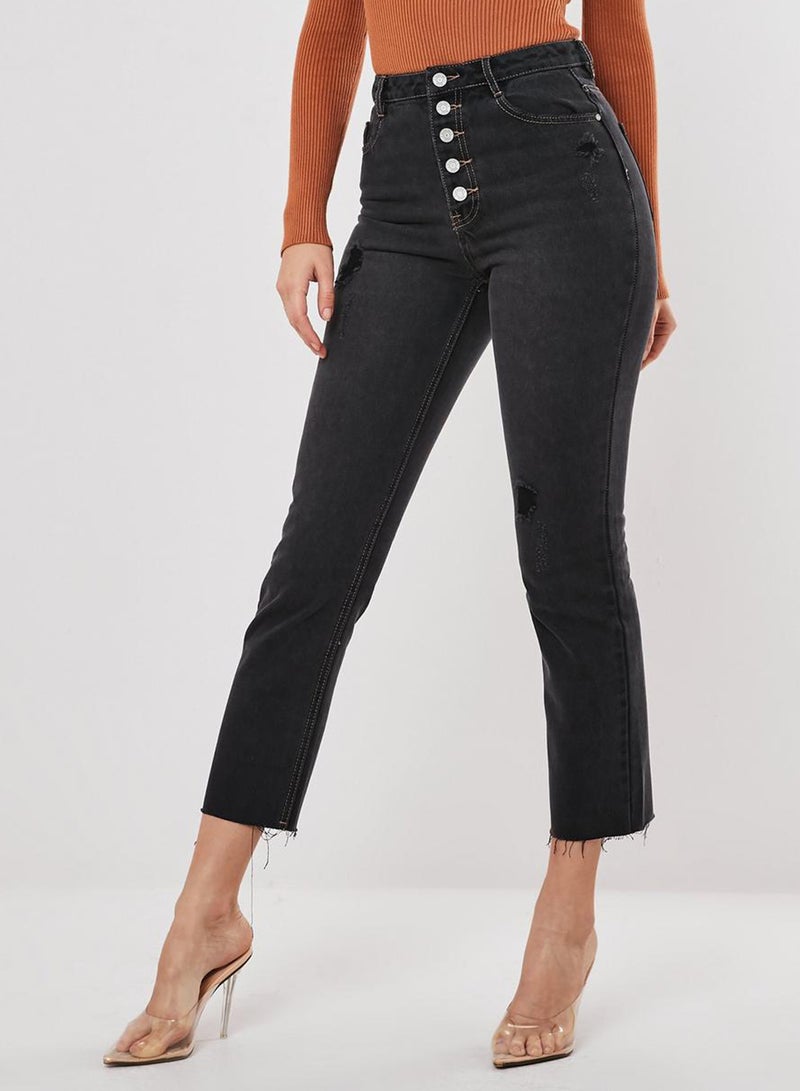 High-Waist Button Front Jeans Black