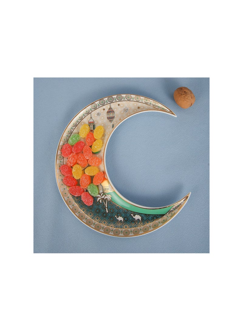 Liying Crescent Moon Iftar Food Serving Tray 24CM (B), Ramadan ceramic Platters Table Décor for Breakfast Dinner Dessert Pastry Display Holder Decoration