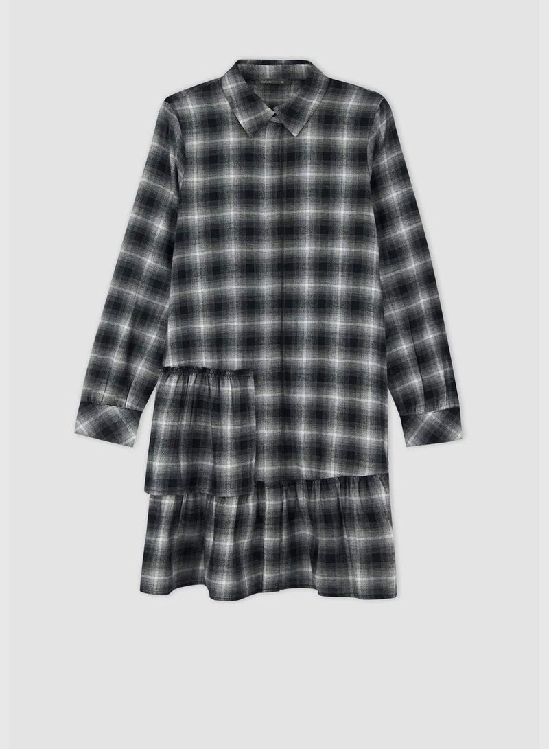 Woman Tiered Shirt Neck Long Sleeve Woven Dress