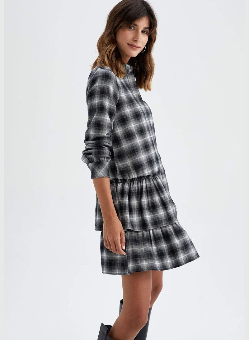 Woman Tiered Shirt Neck Long Sleeve Woven Dress