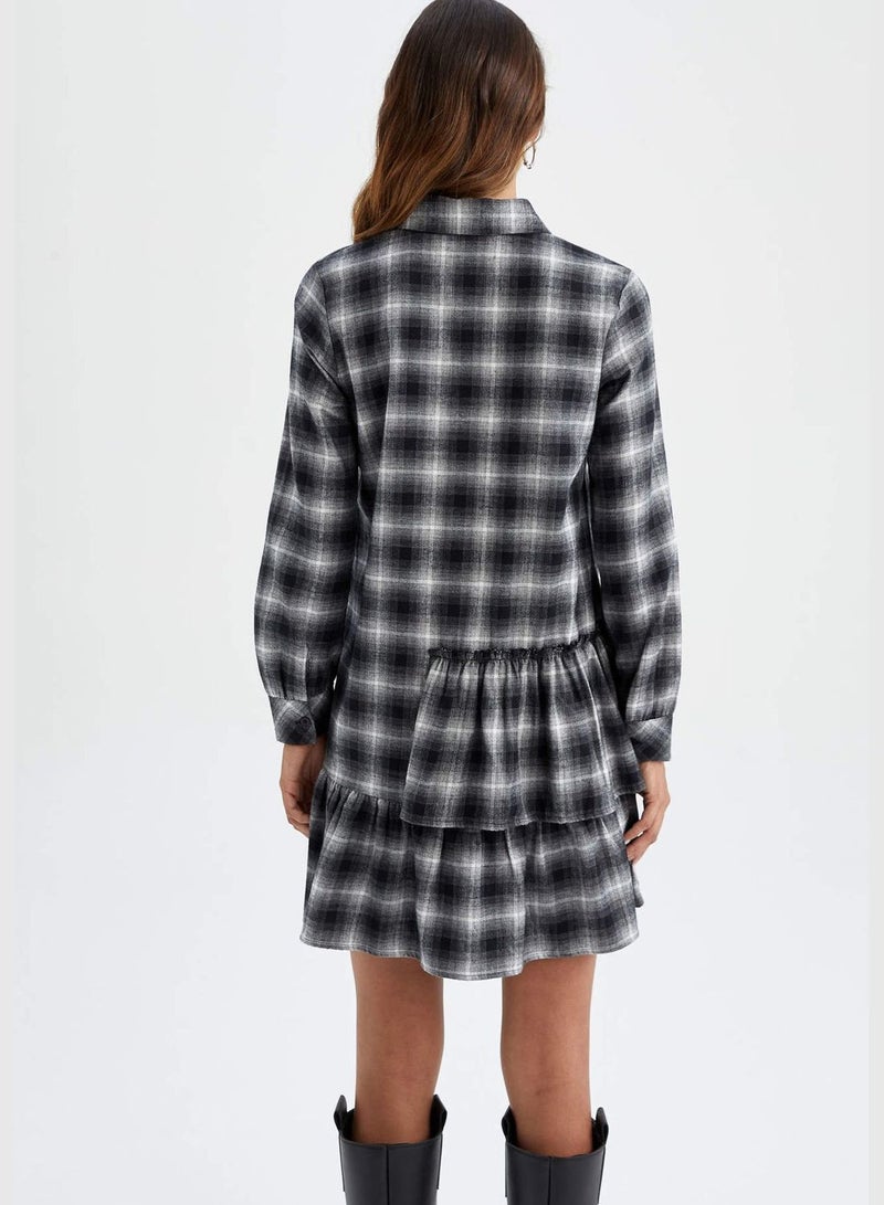 Woman Tiered Shirt Neck Long Sleeve Woven Dress