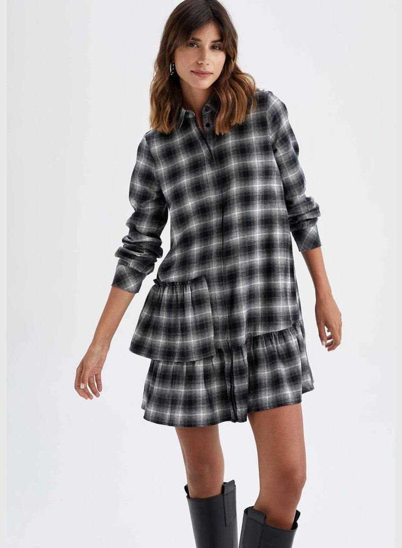 Woman Tiered Shirt Neck Long Sleeve Woven Dress