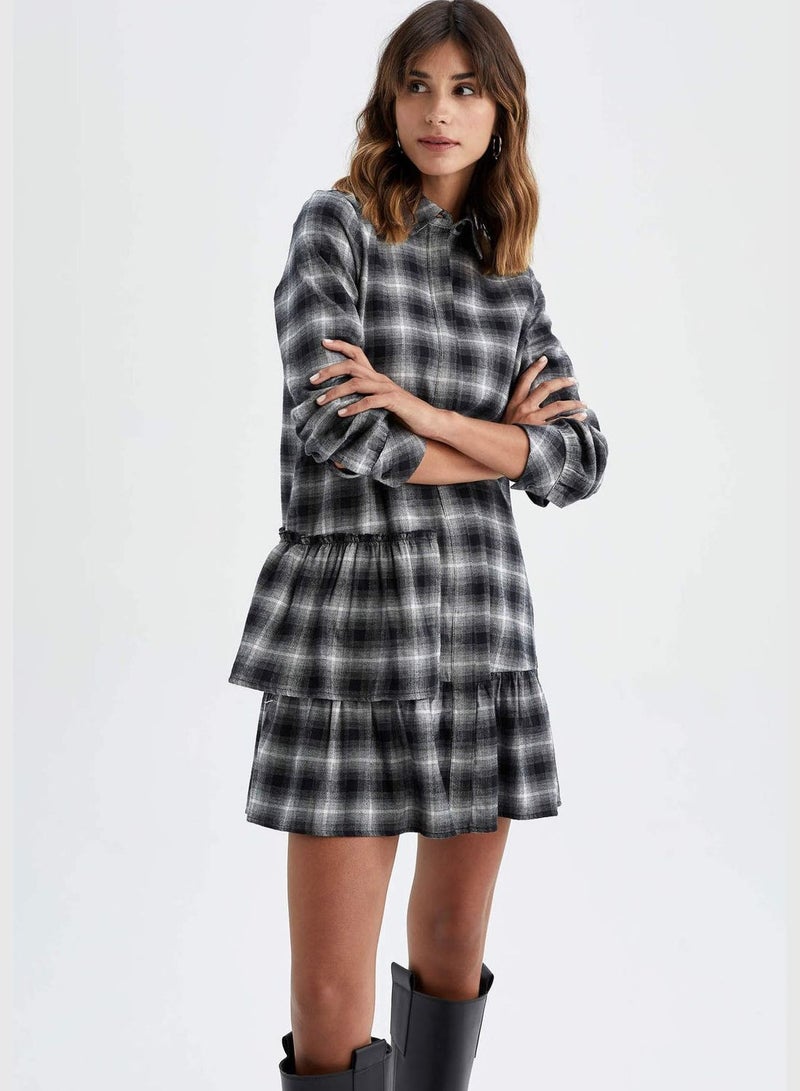 Woman Tiered Shirt Neck Long Sleeve Woven Dress