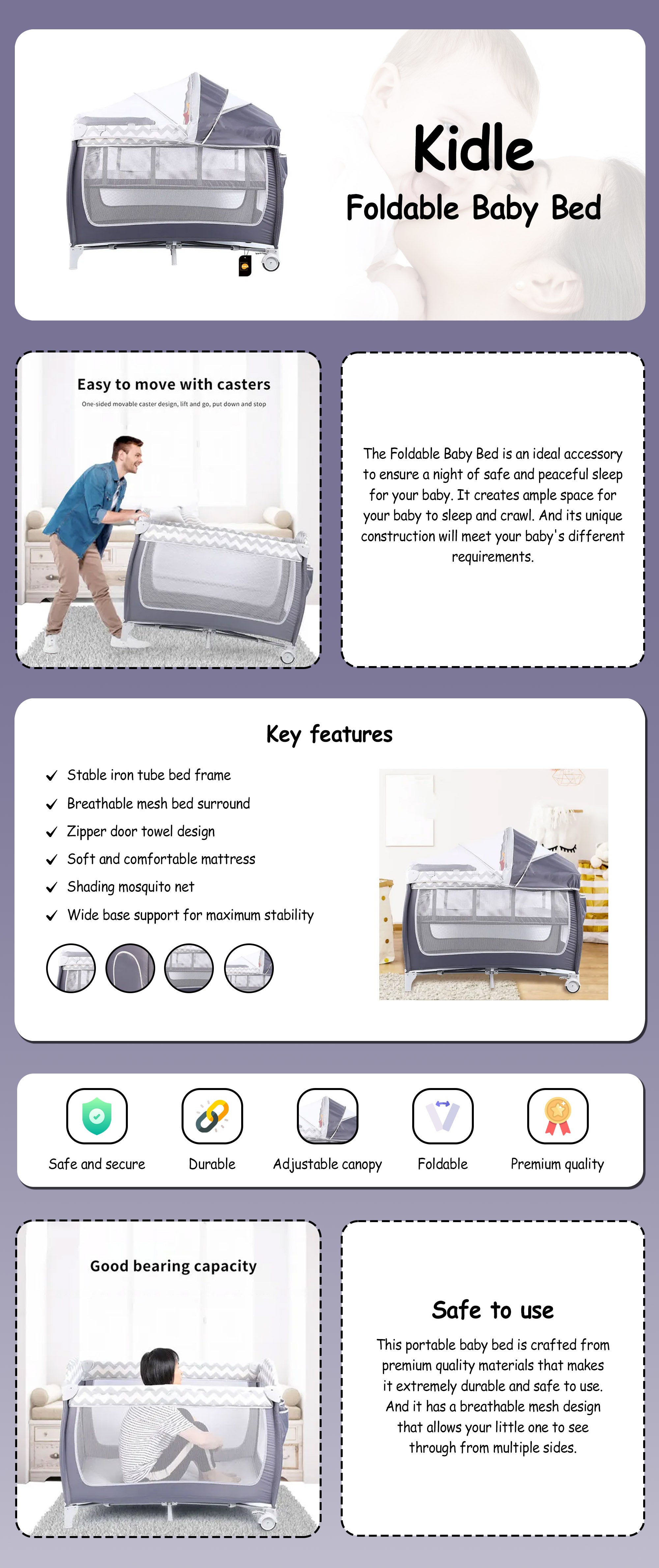 Foldable Baby Bed With Storage Bag, Wheels, Mosquito Net, Mattress, Arch Toy And Changing Table, 110 X 76 X 76 CM,  0 To 3 Years Old