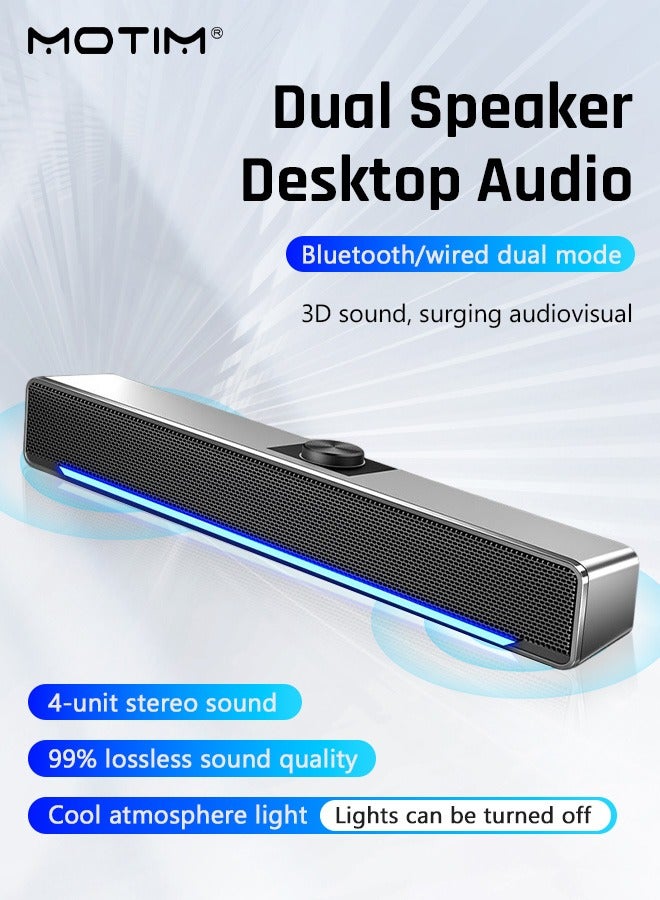 Laptop Sound Bar Double Horn with LED USB Powered Wired Bluetooth Connected Sound Bar Speakersfor Computer Laptop PC Subwoofer HiFi Stereo Gaming Speakers