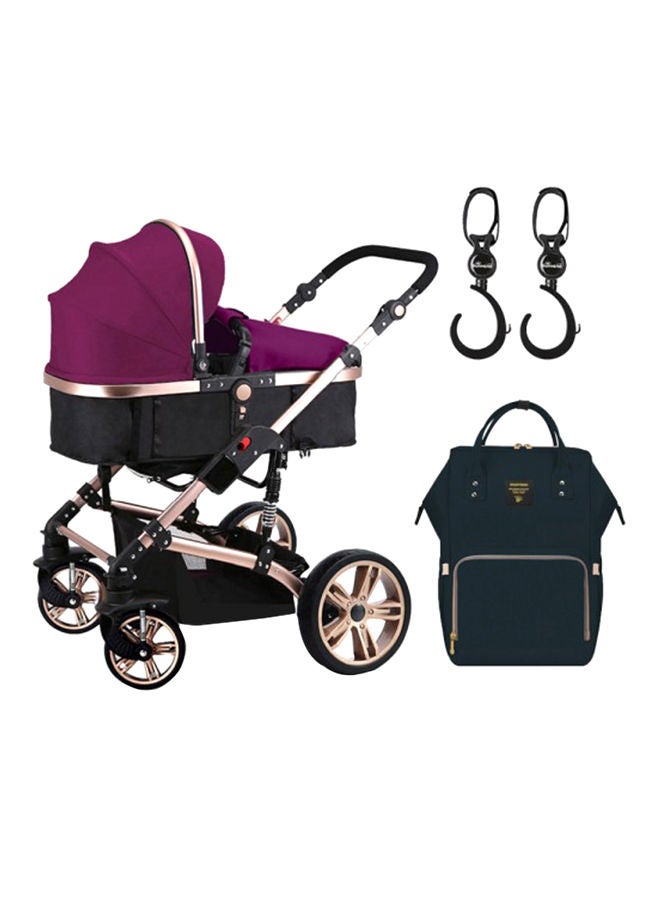 3 In 1 Pram Stroller With Sunveno Diaper Bag Black And Hooks - Wine Red