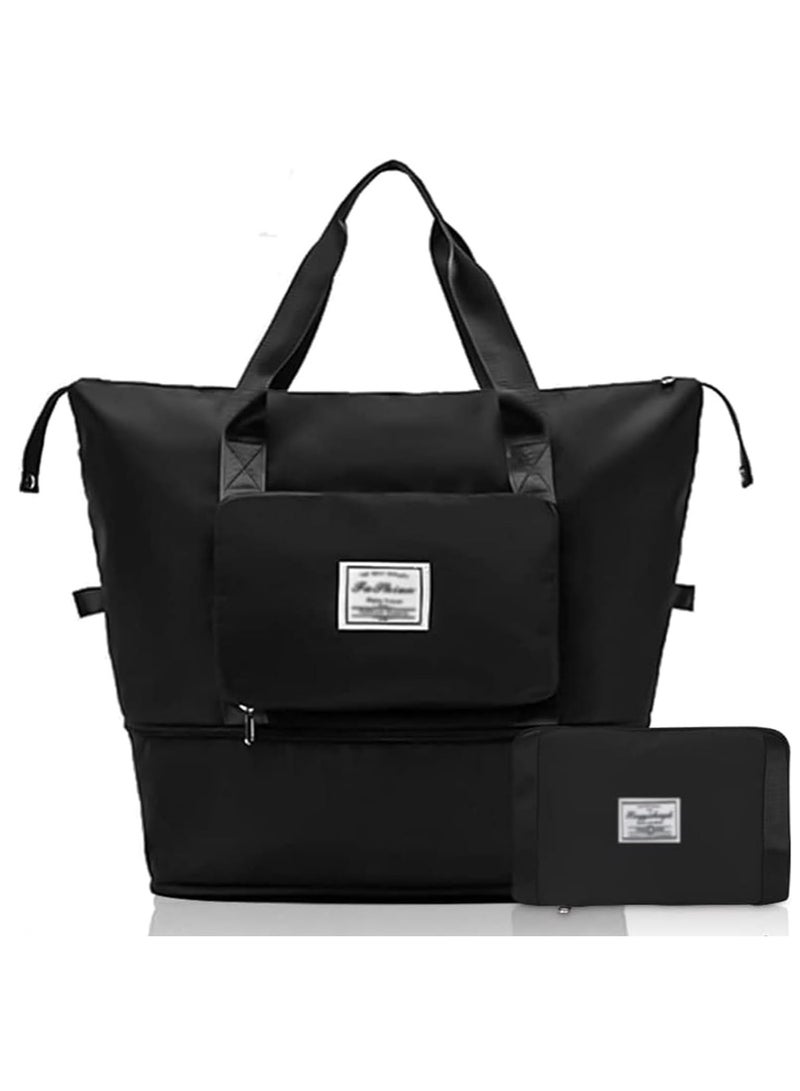 Large Capacity Expandable Travel Duffel Bag Folding Sports Shoulder Bag Waterproof Lightweight Portable Luggage Carry Bag for Travel Gym Shopping Weekends Camping (Black Handbag)