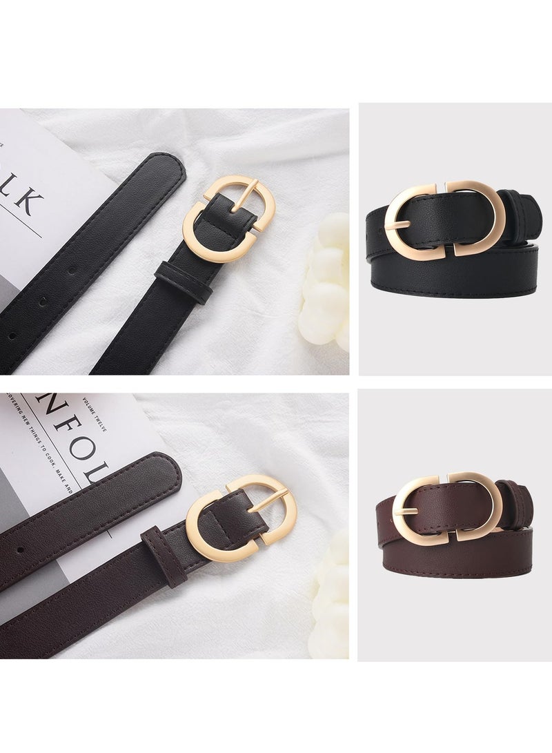 2 Pack Women Leather Belts For Dress Jeans Pants,Fashion Ladies Leather Belts, Women'S Leather Belts With Fashion Gold Metal Buckle,2.8CM Wide 105CM Long（Brown + Black）