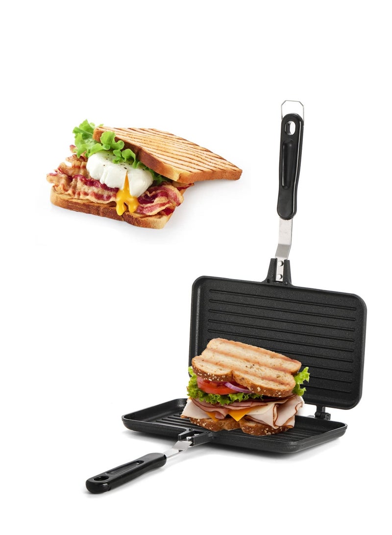 Sandwich Maker Grilled Sandwich and Panini Maker Pan with Non-Stick Plates and Handle Stovetop Toasted Sandwich Maker Aluminum Flip Pan for Home Kitchen Camping Cookware Equipment