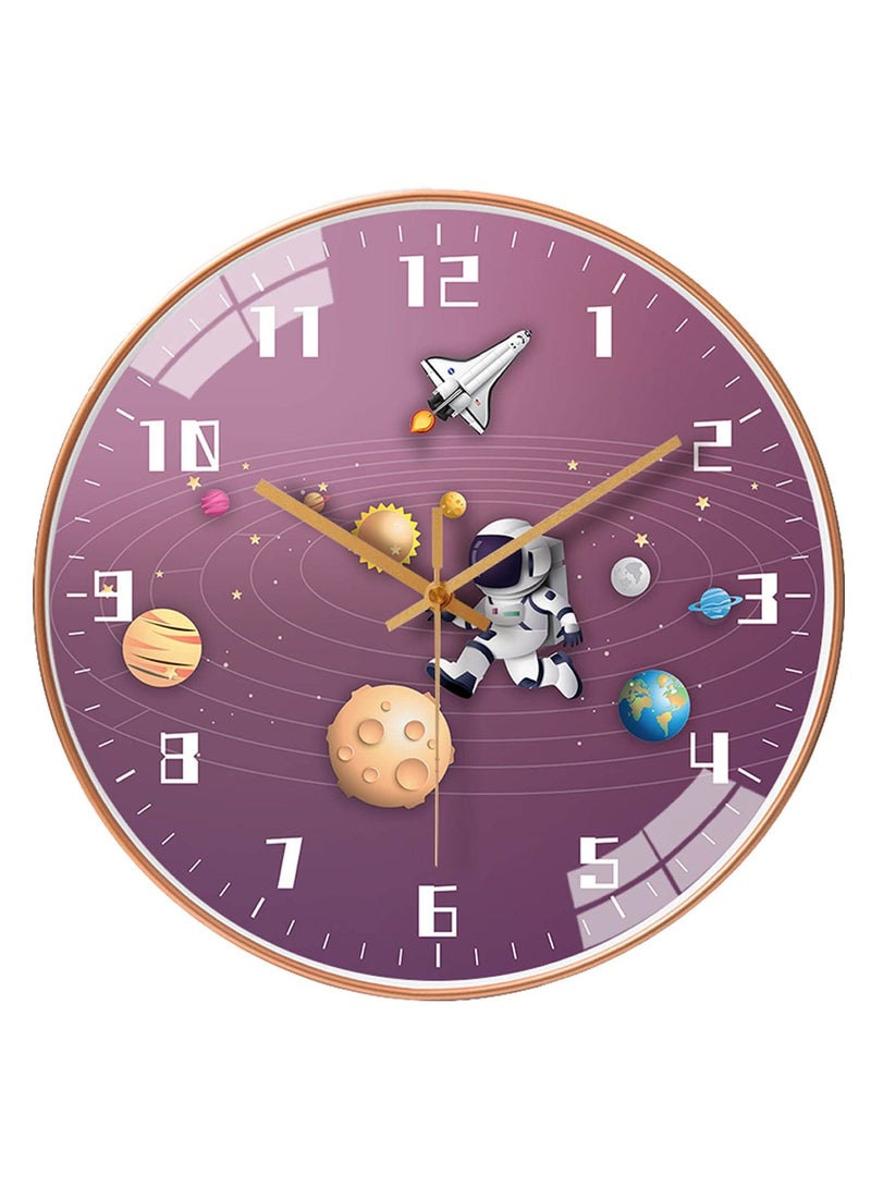 Kids Wall Clock 12 Inch Silent Movement Round Clock Battery Operated Space Travel Style Decor Children Clock For Boys (Purple)