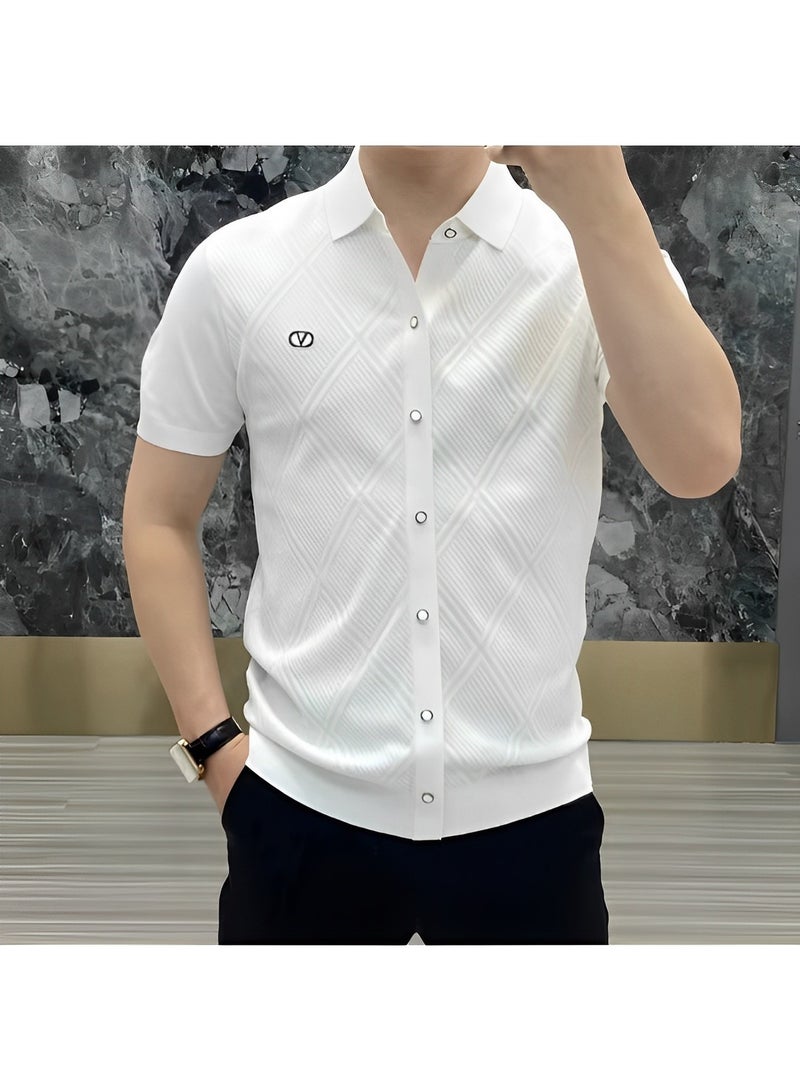 Men's T-shirt Short Sleeve Button Down Shirts Regular-Fit Cotton Lapel Shirts Casual T-shirt