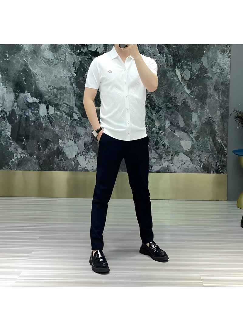 Men's T-shirt Short Sleeve Button Down Shirts Regular-Fit Cotton Lapel Shirts Casual T-shirt