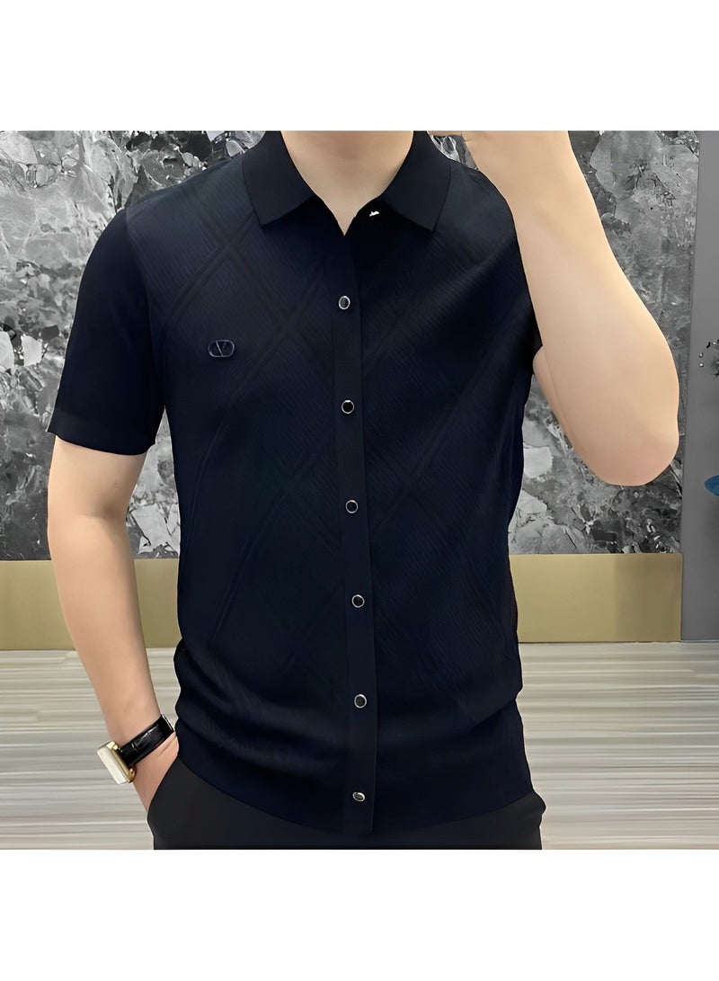 Men's T-shirt Short Sleeve Button Down Shirts Regular-Fit Cotton Lapel Shirts Casual T-shirt