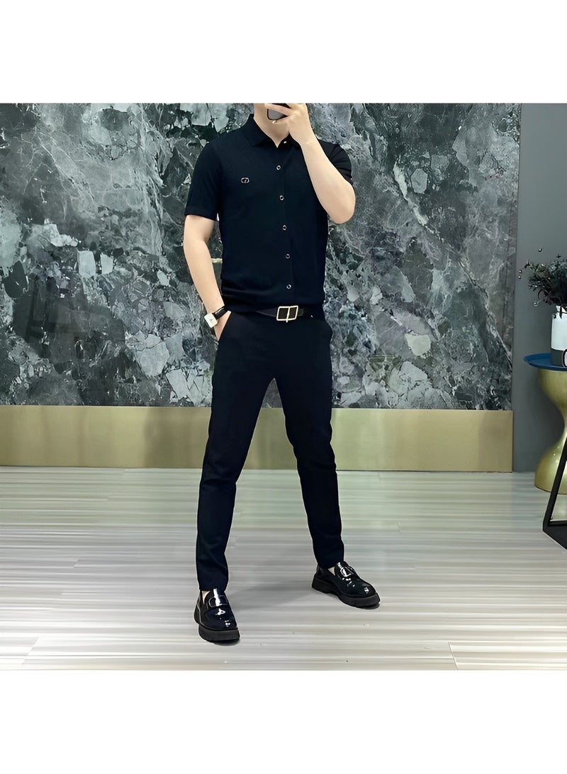 Men's T-shirt Short Sleeve Button Down Shirts Regular-Fit Cotton Lapel Shirts Casual T-shirt