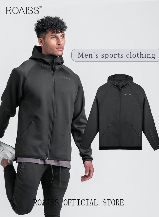 Men's Zipper Up Hooded Sweatshirt with Pockets Fall Winter Clothing for Men Sports Sweater Activewear Outerwear Loose Jacket Plus Size Solid Color Printed Cardigan Coat Black