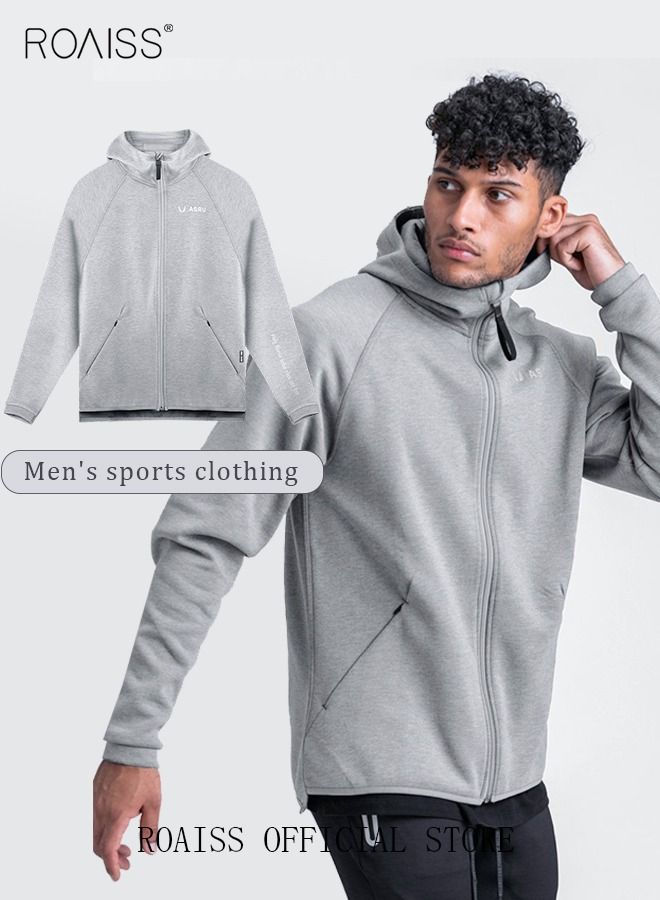 Men's Zipper Up Hooded Sweatshirt with Pockets Fall Winter Clothing for Men Sports Sweater Activewear Outerwear Loose Jacket Plus Size Solid Color Printed Cardigan Coat Grey