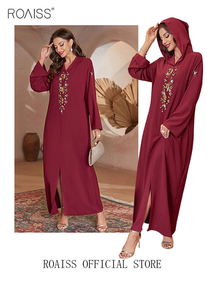 Women Luxury Hooded Maxi Dresses Modern Stylish Abaya Hand Sewn Drill Beading Dress Middle East Arabic Banquet Wedding Party Dress Long Sleeve All Season Women's Clothing Wine Red