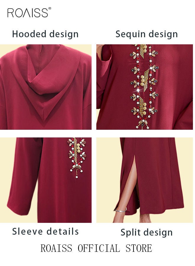 Women Luxury Hooded Maxi Dresses Modern Stylish Abaya Hand Sewn Drill Beading Dress Middle East Arabic Banquet Wedding Party Dress Long Sleeve All Season Women's Clothing Wine Red