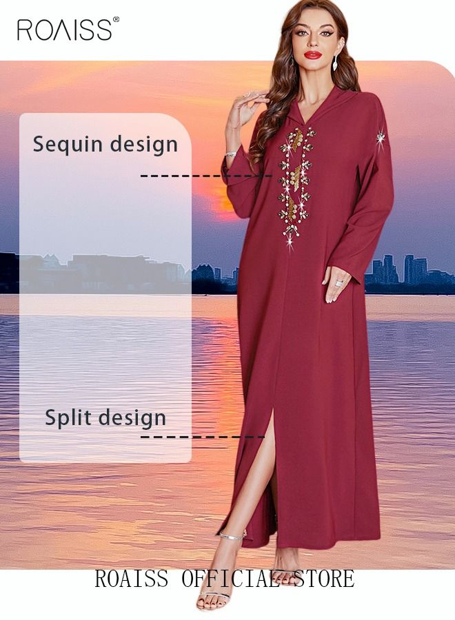 Women Luxury Hooded Maxi Dresses Modern Stylish Abaya Hand Sewn Drill Beading Dress Middle East Arabic Banquet Wedding Party Dress Long Sleeve All Season Women's Clothing Wine Red