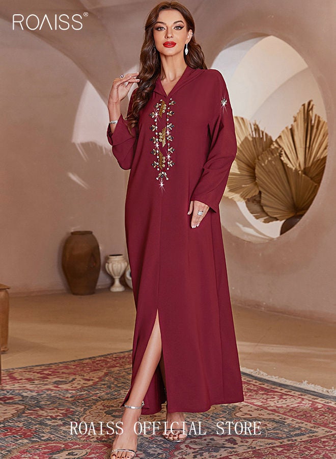 Women Luxury Hooded Maxi Dresses Modern Stylish Abaya Hand Sewn Drill Beading Dress Middle East Arabic Banquet Wedding Party Dress Long Sleeve All Season Women's Clothing Wine Red