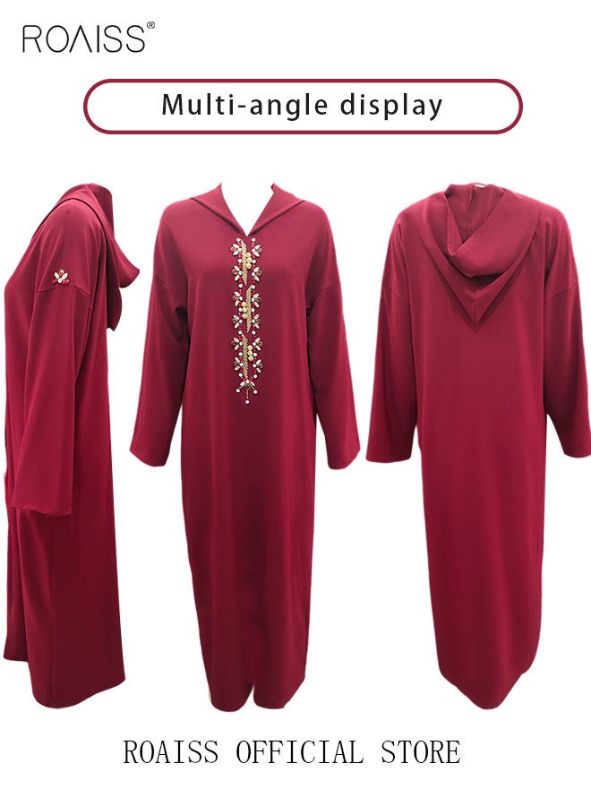 Women Luxury Hooded Maxi Dresses Modern Stylish Abaya Hand Sewn Drill Beading Dress Middle East Arabic Banquet Wedding Party Dress Long Sleeve All Season Women's Clothing Wine Red