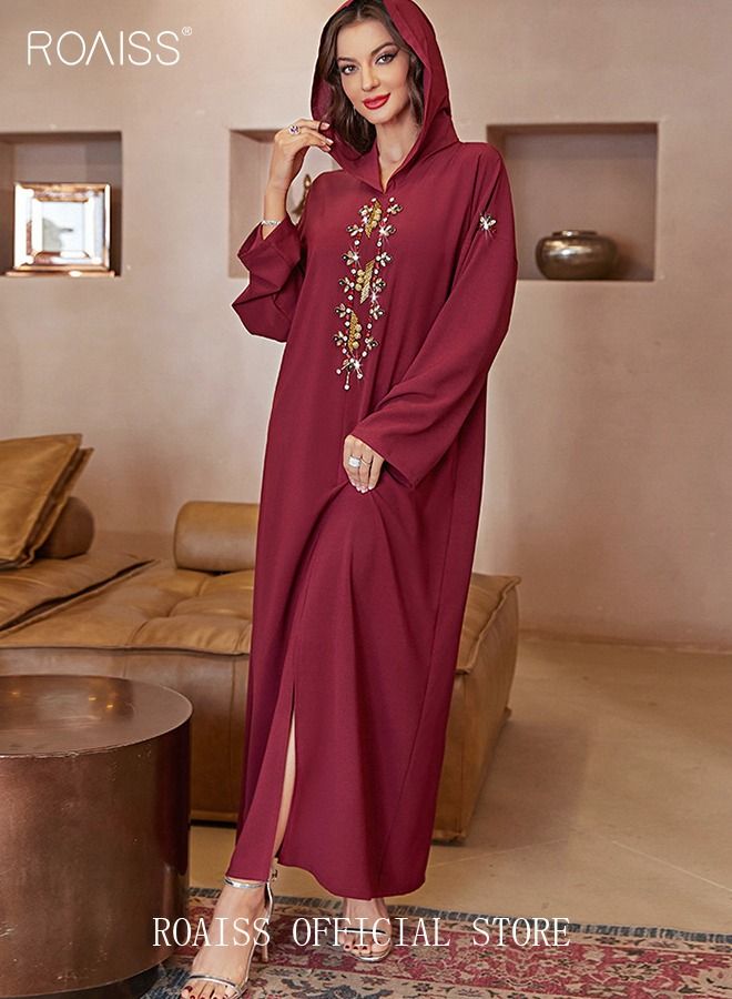 Women Luxury Hooded Maxi Dresses Modern Stylish Abaya Hand Sewn Drill Beading Dress Middle East Arabic Banquet Wedding Party Dress Long Sleeve All Season Women's Clothing Wine Red