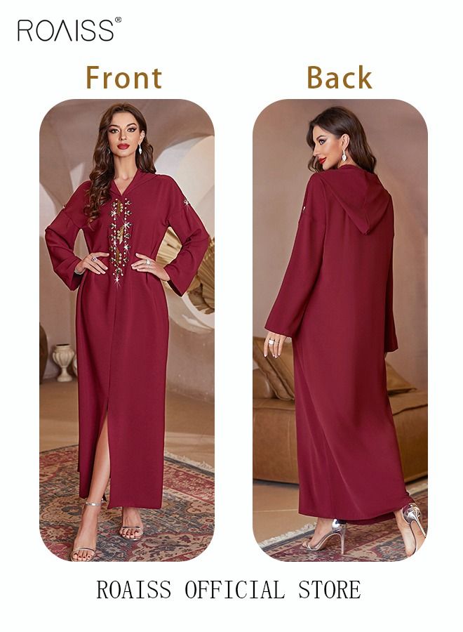 Women Luxury Hooded Maxi Dresses Modern Stylish Abaya Hand Sewn Drill Beading Dress Middle East Arabic Banquet Wedding Party Dress Long Sleeve All Season Women's Clothing Wine Red