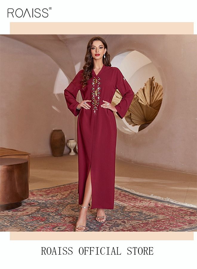 Women Luxury Hooded Maxi Dresses Modern Stylish Abaya Hand Sewn Drill Beading Dress Middle East Arabic Banquet Wedding Party Dress Long Sleeve All Season Women's Clothing Wine Red