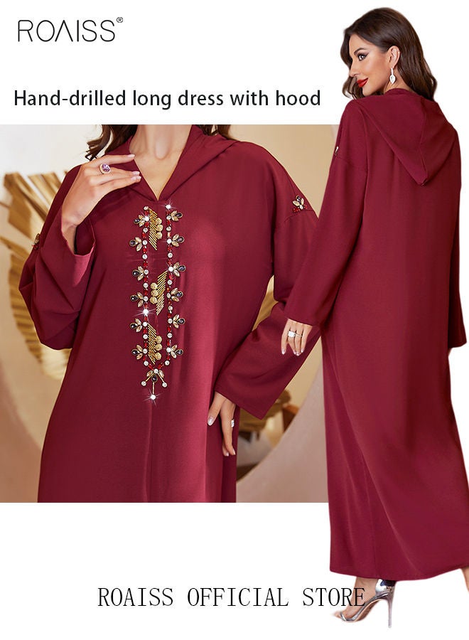 Women Luxury Hooded Maxi Dresses Modern Stylish Abaya Hand Sewn Drill Beading Dress Middle East Arabic Banquet Wedding Party Dress Long Sleeve All Season Women's Clothing Wine Red