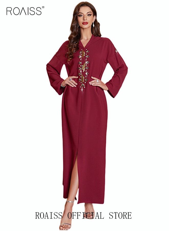 Women Luxury Hooded Maxi Dresses Modern Stylish Abaya Hand Sewn Drill Beading Dress Middle East Arabic Banquet Wedding Party Dress Long Sleeve All Season Women's Clothing Wine Red