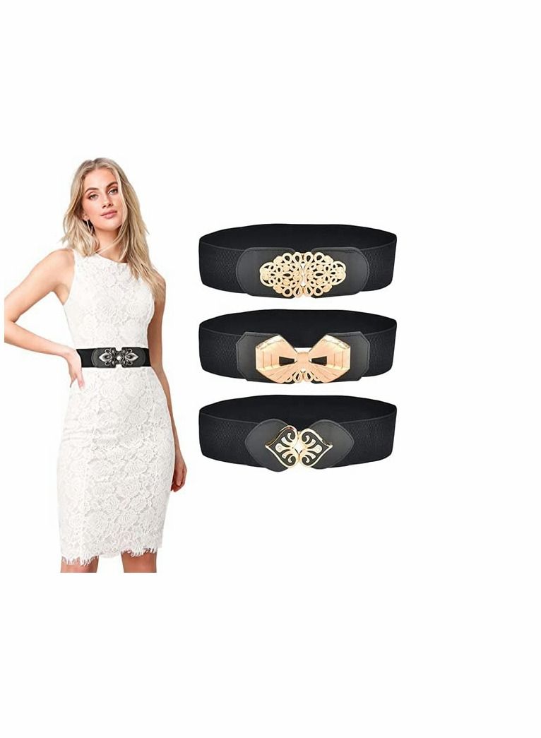 Women Stretchy Vintage Belt, 3PCS Women's Leather Belt For Jeans, Dresses, Pants Belt, Wide Elastic Waist Belt for Women, Evening Dress Belt, Shape Curve, Beautiful Elegant (Black and Gold)