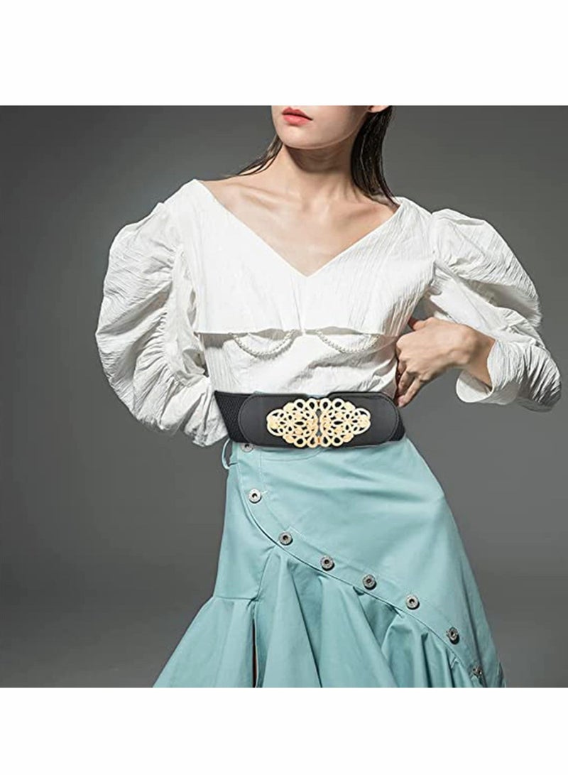 Women Stretchy Vintage Belt, 3PCS Women's Leather Belt For Jeans, Dresses, Pants Belt, Wide Elastic Waist Belt for Women, Evening Dress Belt, Shape Curve, Beautiful Elegant (Black and Gold)