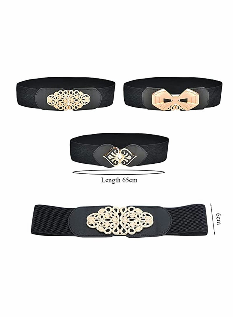 Women Stretchy Vintage Belt, 3PCS Women's Leather Belt For Jeans, Dresses, Pants Belt, Wide Elastic Waist Belt for Women, Evening Dress Belt, Shape Curve, Beautiful Elegant (Black and Gold)