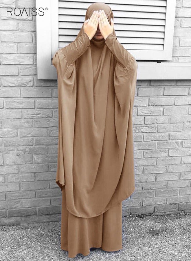 2-Piece Casual Loose Set Muslim Women's Long Top and Elastic Waist Skirt Wrist Splice Tight Fashion Versatile Set for Ladies Ramadan Eid al-Adha