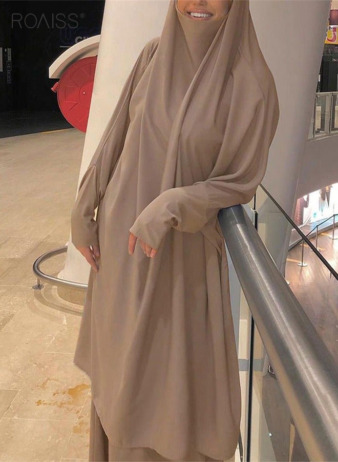 2-Piece Casual Loose Set Muslim Women's Long Top and Elastic Waist Skirt Wrist Splice Tight Fashion Versatile Set for Ladies Ramadan Eid al-Adha