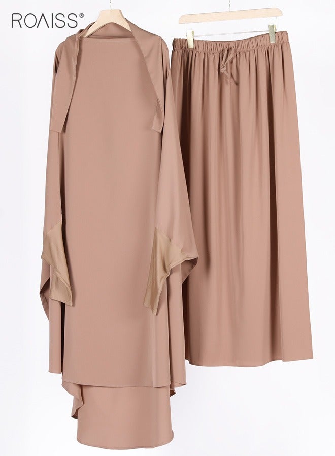 2-Piece Casual Loose Set Muslim Women's Long Top and Elastic Waist Skirt Wrist Splice Tight Fashion Versatile Set for Ladies Ramadan Eid al-Adha
