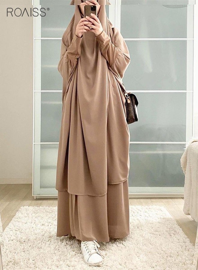 2-Piece Casual Loose Set Muslim Women's Long Top and Elastic Waist Skirt Wrist Splice Tight Fashion Versatile Set for Ladies Ramadan Eid al-Adha
