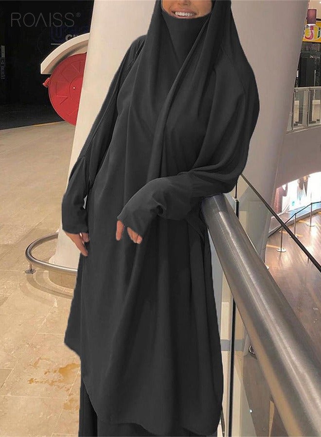 Women's Traditional Wear Loose Suit Casual Hooded Large Hem Circumference Solid Color Gown 2 Piece Classic National Worship Long Sleeve One-Piece Headscarf Abaya Dress Black