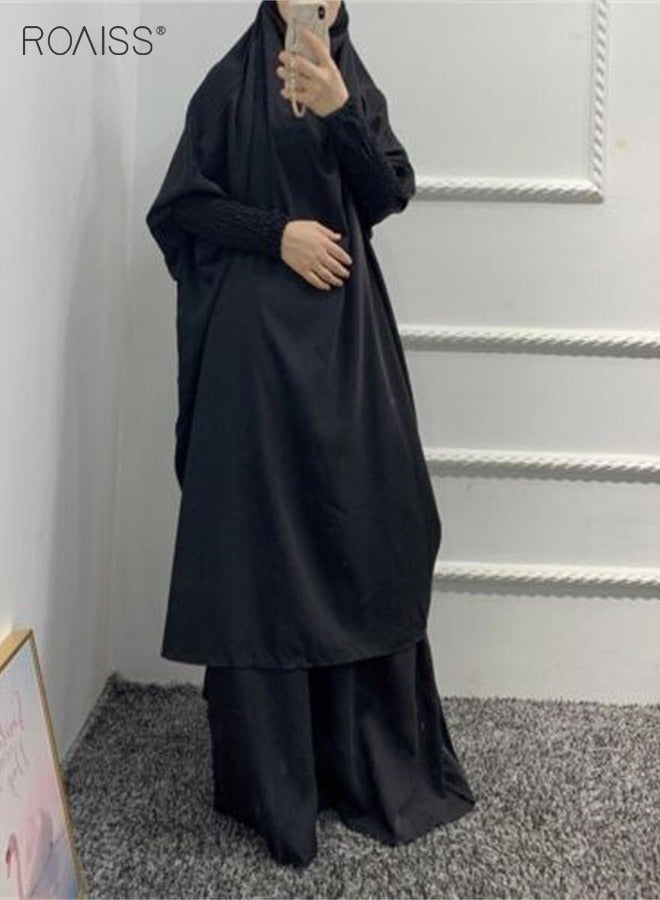 Women's Traditional Wear Loose Suit Casual Hooded Large Hem Circumference Solid Color Gown 2 Piece Classic National Worship Long Sleeve One-Piece Headscarf Abaya Dress Black